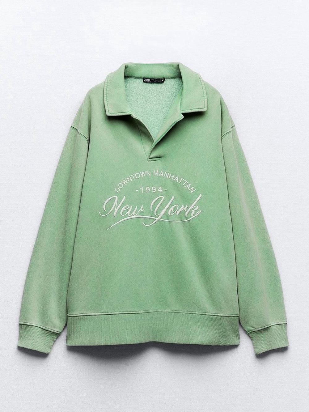 Zara Mint Green 'New York' Collared Pullover Sweatshirt